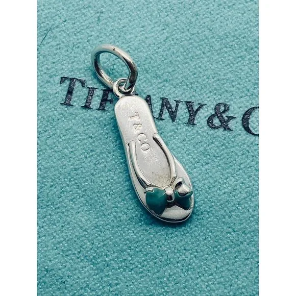 Tiffany & Co. Flip Flop Blue Enamel Pendant Charm Sandal Sterling Silver Pouch
